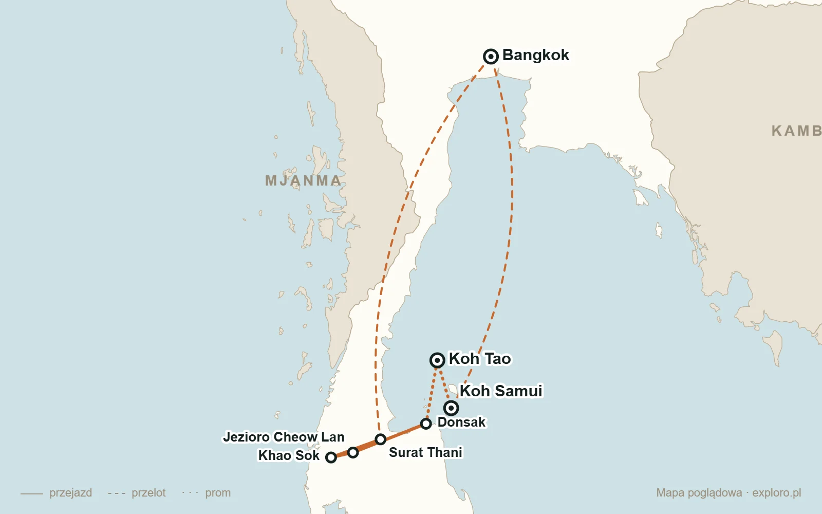 Mapa podróży poślubnej po Tajlandii: Bangkok, Khao Sok, Koh Tao, Koh Samui