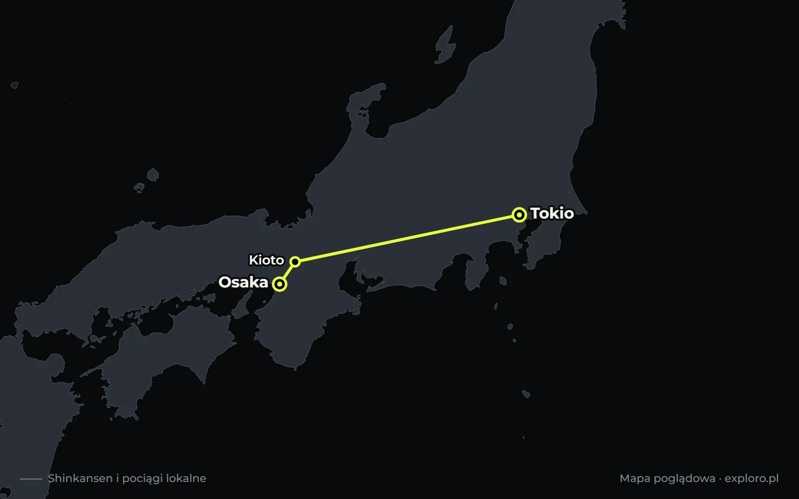 Mapa trasy wyprawy do Japonii: Osaka, Kioto, Tokio