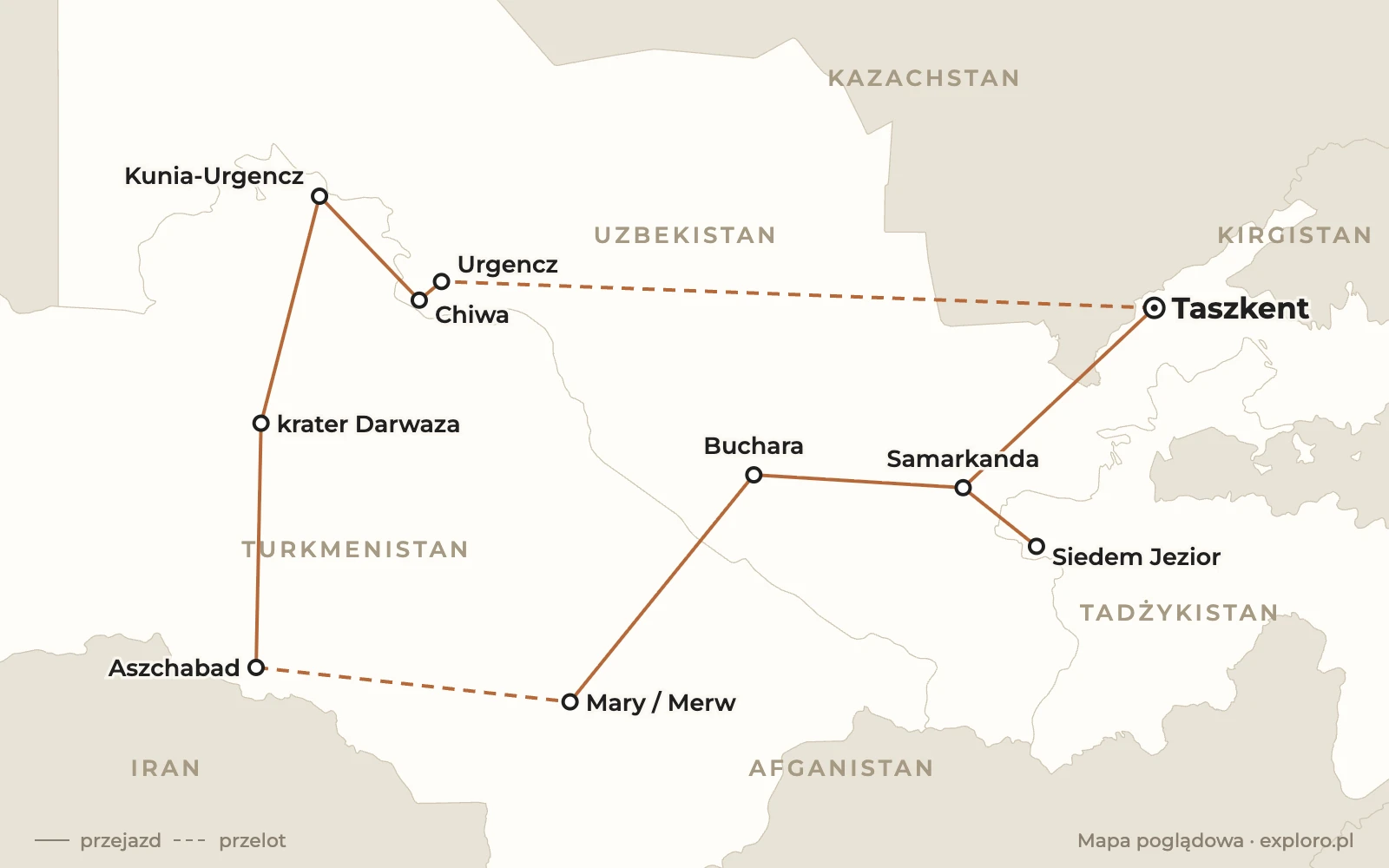 Mapa trasy: Taszkent, Chiwa, Kunia-Urgencz, krater Darwaza, Aszchabad, Merw, Buchara, Samarkanda, Siedem Jezior